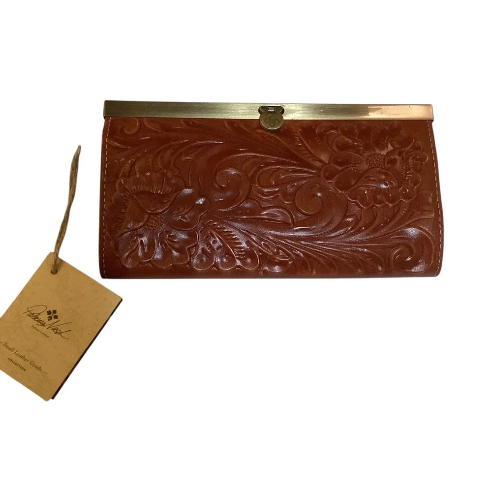 Patricia Nash Florence Leather Floral Embossed Wallet Clutch Brown Kiss Lock